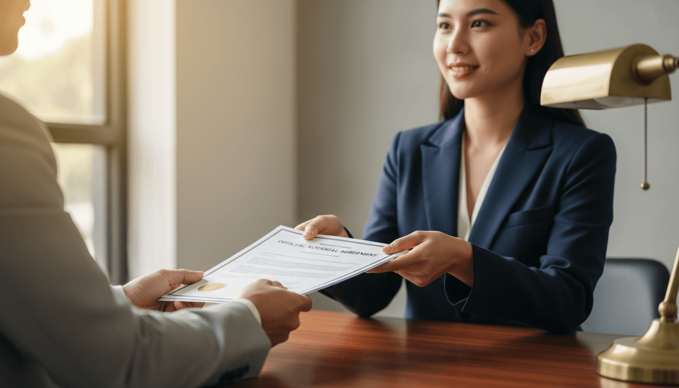 Client handing documents to notary for apostille processing