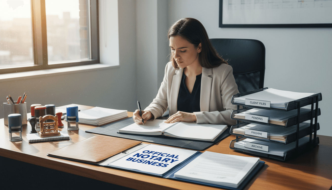 Notary processing apostille documents at organized desk