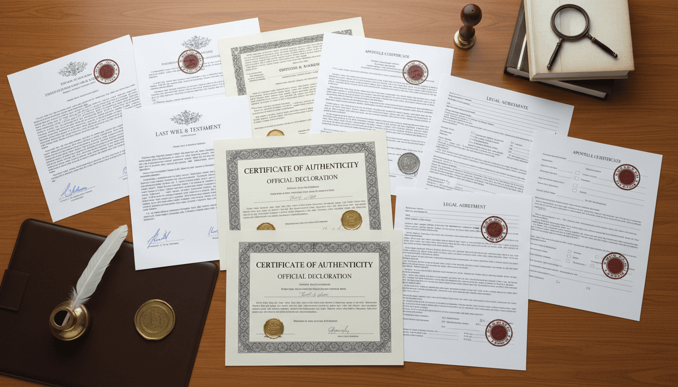Various certified documents with apostille authentication